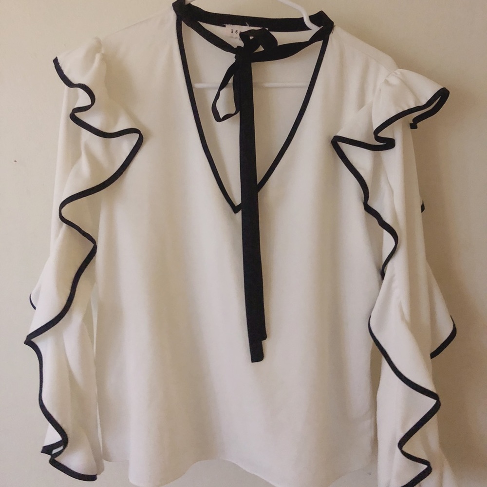 Black and white lace tie blouse